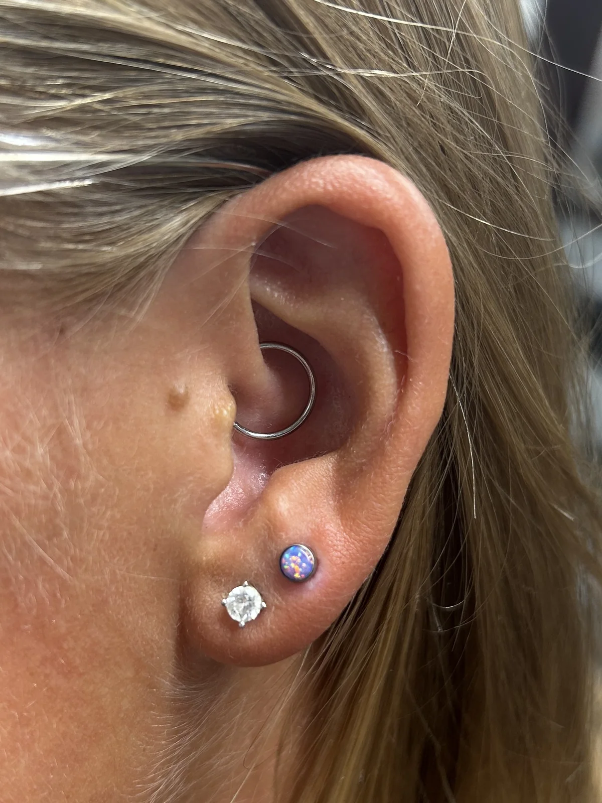 Ear piercings with silver and blue jewelry by Sydney